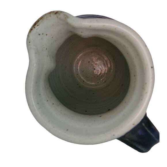 Blue White Stoneware Pitcher Pottery Jug Handmade Signed Bamboo Ewer 8" - Picture 5 of 9